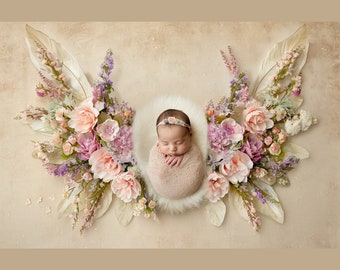 Newborn Digital Backdrop Butterfly Floral Wings, Spring Summer Flowers, Baby Girl Composite Photography Backdrop, Studio Quality Background