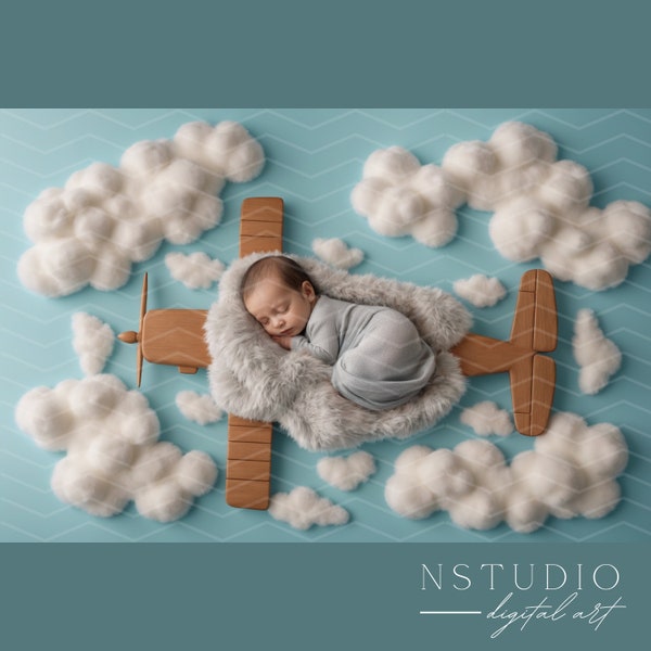 Newborn Baby Digital Photography Backdrop, Wooden Airplane Baby Nest and Soft Cotton Clouds, Toddlers Photography, Studio Quality Background