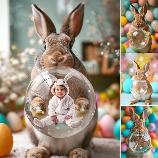 11 Easter Backdrops with Rabbit Holding Crystal Ball, Easter Family and Kids Photography, Easter Photoshoot Idea, Digital Studio Backgrounds