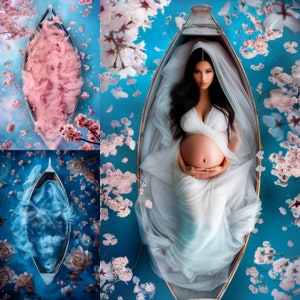 May include: A pregnant woman wearing a white dress and veil lies in a wooden boat, surrounded by pink and white cherry blossom flowers. The boat is floating on a blue background.