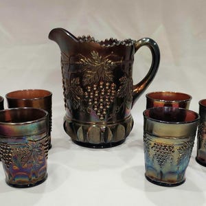 Northwood Carnival Glass Grape and Cable Pitcher and 6 Glasses - Etsy