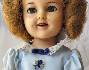 1950s Vintage Shirley Temple Doll, Blue Dress, Ideal Doll With
