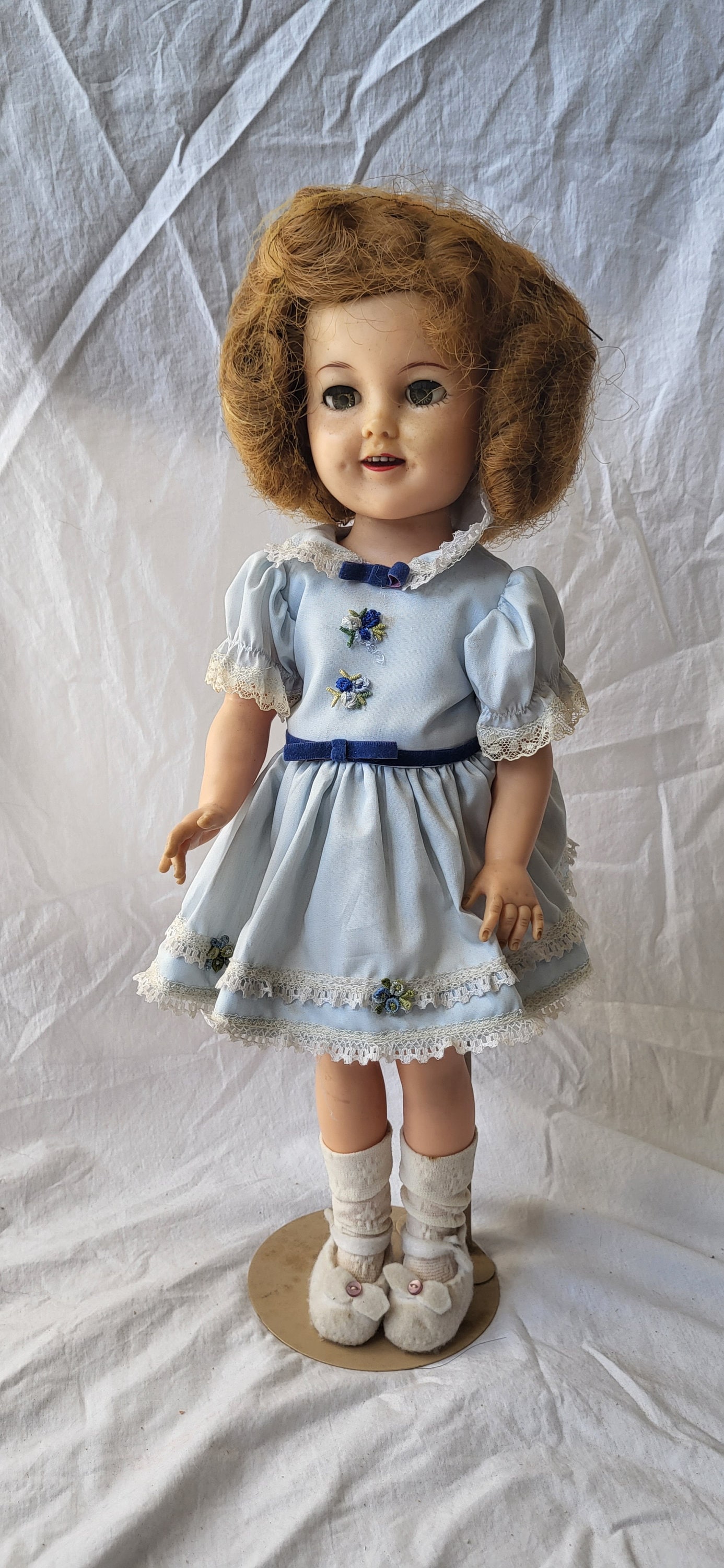 1950s Vintage Shirley Temple Doll, Blue Dress, Ideal Doll With