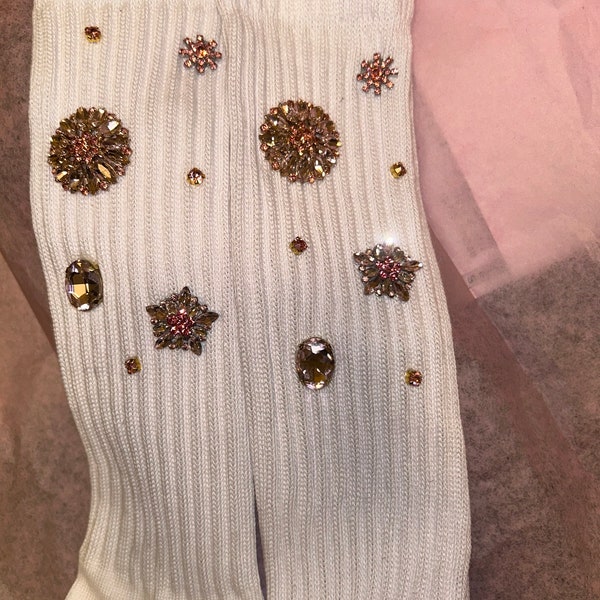 SNOW WHITE” white  with Pink   Gemstone Slouch Socks