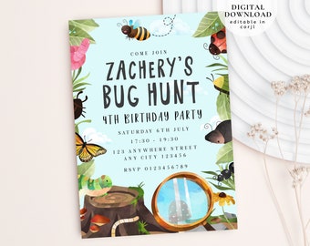 Invitación de cumpleaños editable con insectos, invitación a fiesta de insectos, búsqueda de insectos al aire libre, invitación a senderos naturales, invitación a fiesta de búsqueda del tesoro, invitación de explorador, 194