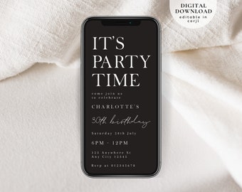 It’s Party Time evite, Surprise party invite, Text Message Invite, Mobile Phone invite, White birthday digital invite, Electronic Invite,261