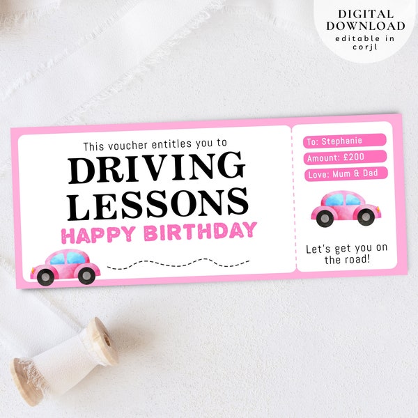 Driving Lessons Gift Certificate, 17th Birthday Driving Lessons Voucher, Learner Driving Gift Card, Driving Lessons Christmas Voucher, 064