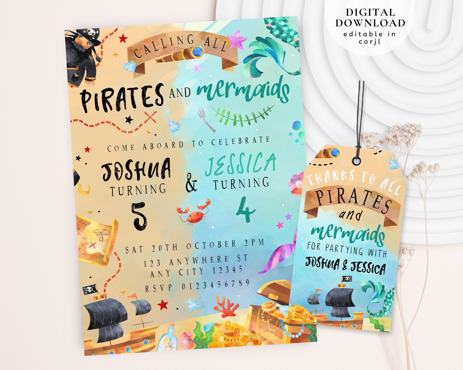 Mermaid And Pirate Birthday Invitation Sibling Mermaid  Pirate Invite Sibling Mermaid Pirate Party Ahoy Matey Invite Mermaid Invite178