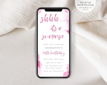 Shhh... it's a surprise e-invite, surprise neon party invite, Text Message Invite, Mobile Phone invite, Pink glitter birthday invite, 162