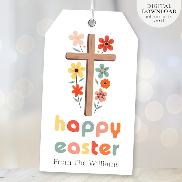 Easter Cross Gift Tag, Happy Easter Tag, Christian Church Tag, Religious Floral Cross Tag, Easter Cross Favor Tag, Easter Gift Tag, 300