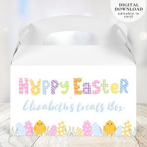 Può includere: Scatola regalo bianca con manico, decorata con uova di Pasqua e pulcini colorati. La scatola dice "Buona Pasqua, scatola di dolcetti di Elizabeth".