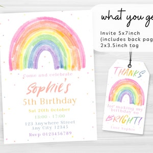 May include: A rainbow-themed birthday invitation with a watercolor rainbow design and the text "Come and celebrate Sophie's 5th Birthday". The invitation includes the date, time, address, and RSVP information. A matching thank you tag with a rainbow design and the text "THANKS for making my birthday so BRIGHT! Love Sophie" is also included.
