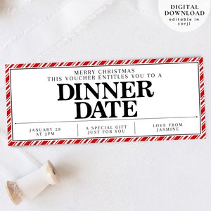 Vale de regalo de aniversario editable, vale de cena navideña, vale de regalo para restaurante, cupón para una cita romántica, regalo sorpresa para parejas, 215