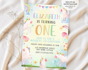 Può includere: Un invito colorato per una festa di primo compleanno a tema unicorno. L'invito presenta un arcobaleno, stelle e un unicorno con il testo "Elizabeth compie un anno. Unisciti a noi per una celebrazione magica. Venerdì 29 dicembre alle 20:00. 123 Anywhere Street. Any Town 123456. RSVP 012345678911."