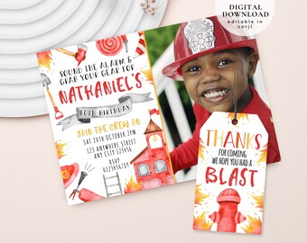 Photo Firetruck invite, Fire Engine Birthday Invite, Firetruck gift tag, Fireman birthday invite, Photo Firefighter Birthday Invite, 218