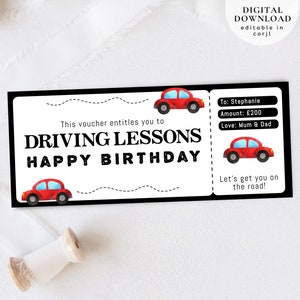Cadeaubon rijlessen, 17e verjaardag autorijlesvoucher, autocadeaubon voor leerling autorijden, kerstvoucher rijlessen, 055