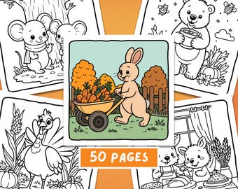 Peut inclure: Plusieurs pages d'un livre de coloriage avec des animaux et des scènes. L'image centrale montre un lapin poussant une brouette remplie de carottes. D'autres pages représentent un ours avec du miel, des souris, une dinde et d'autres animaux. Le texte "50 PAGES" est visible.