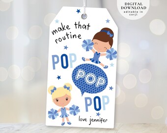 May include: A white printable gift tag with blue and white cheerleaders, pom-poms, and the text "make that routine POP POP POP love jennifer".