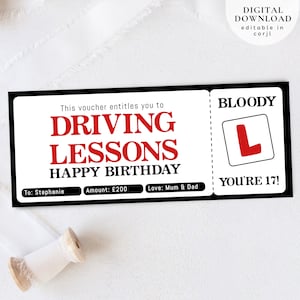 Certificado de regalo para lecciones de manejo, vale para lecciones de manejo por el 17.° cumpleaños, tarjeta de regalo para principiantes de manejo, vale de Navidad para lecciones de manejo, 061