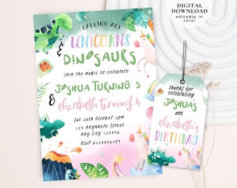 Unicorn birthday invite, Dinosaur birthday invite, Sibling unicorn and dinosaur invite, Joint birthday party invite, Dinosaur & Unicorn,185