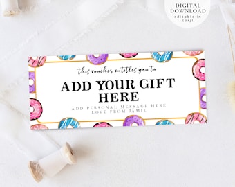 Vale de donut, vales de postre, vale de comida de donut, vale de fiesta de cumpleaños, vale de donut, vale de regalo editable, tarjeta de regalo para niños, 392