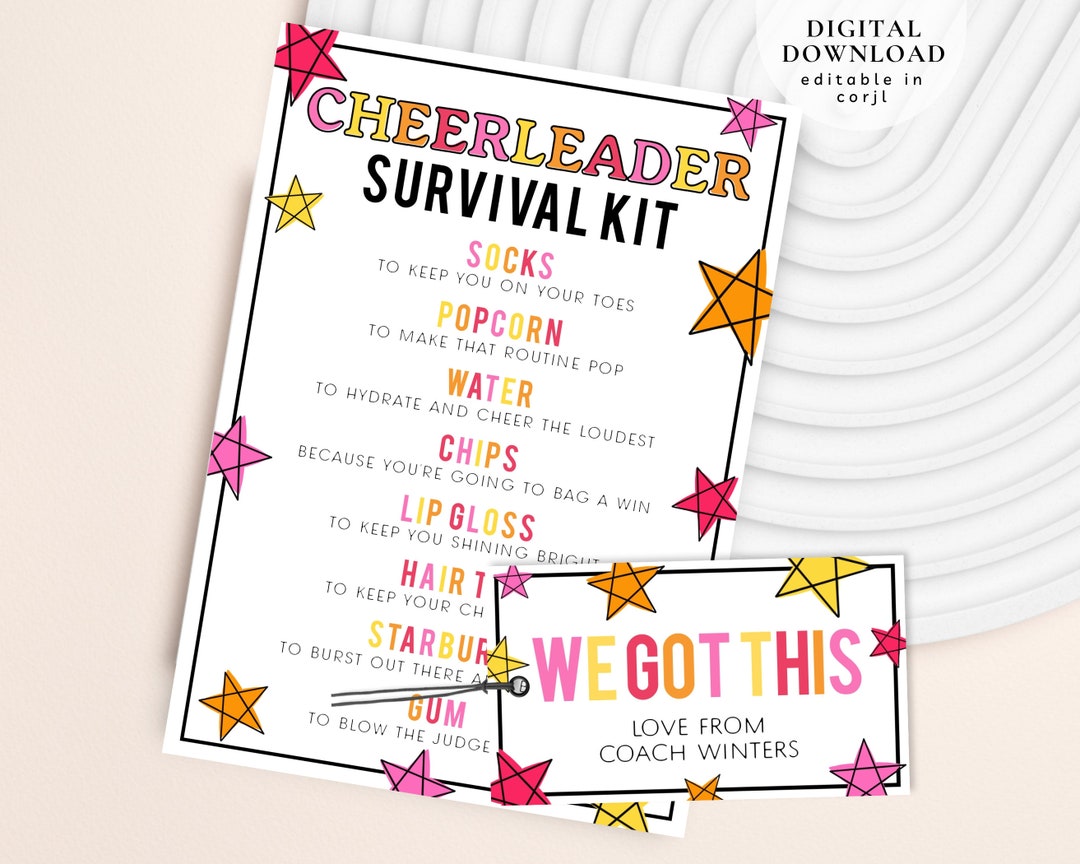 Printable Cheer Survival Kit, Gift Ideas for Cheerleaders, Cheer Team Gift Survival Kit, Cheerleader Tag, Cheerleader Good Luck Tag, 344 - Etsy for Cheerleader Survival Kit Free Printable
