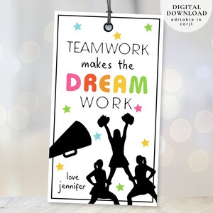 Team Work Makes The Dream Work Cheerleader Tag, Printable Cheer Team Tag, Cheerleader good luck tag, Cheer Competition Tag, Cheer Tags, 312