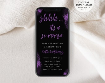 Shhh... it's a surprise e-invite, surprise neon party invite, Text Message Invite, Mobile Phone invite, Purple glitter birthday invite, 158