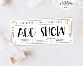 May include: A white ticket with gold trim that says "You're off to the theatre to see ADD SHOW" with the date January 28 at 2PM, a special gift just for you, and love from Jasmine.