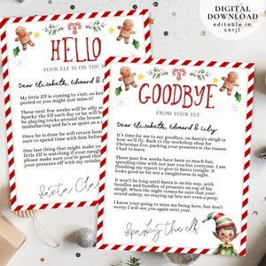 May include: Two printable Christmas elf notes, one saying "Hello" and the other saying "Goodbye". Both notes feature a red and white striped background with a gingerbread man and holly illustrations. The notes are addressed to Elizabeth, Edward, and Lily.