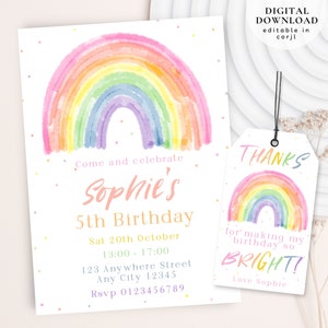 Rainbow birthday invite, Magical Girl invite, Pastel Rainbow invite, Boho Birthday Invite, Watercolor rainbow Invite, Rainbow Gift Tag, 182
