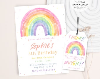 May include: A printable 5th birthday party invitation featuring a watercolor rainbow with a pink, orange, yellow, green, blue, and purple color scheme. The invitation includes the text "Come and celebrate Sophie's 5th Birthday" and party details.
