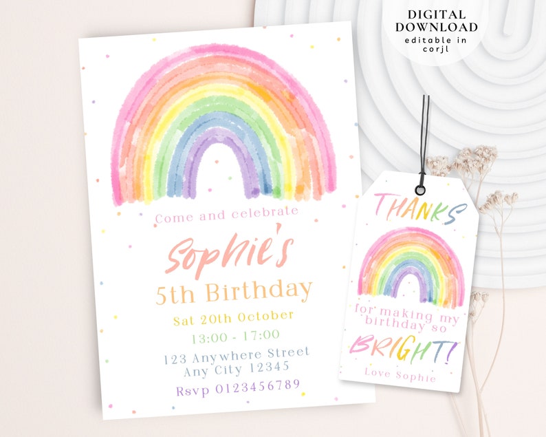 May include: A printable 5th birthday party invitation featuring a watercolor rainbow with a pink, orange, yellow, green, blue, and purple color scheme. The invitation includes the text "Come and celebrate Sophie's 5th Birthday" and party details.