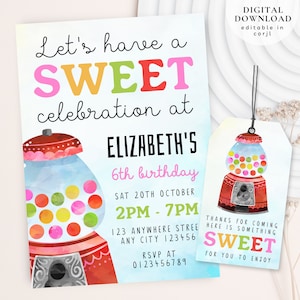 Sweet Shop invite, Bubble gum Invite, Gumball Machine Birthday invite, Sweet Celebration Birthday Invite, Candyland birthday invite, 228