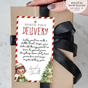 Bewerkbare tag voor terugkerende elf aankomsttraktatie, afdrukbare elfentag, tag voor kerstmantraktatie, tag kerstelf, brief van de kerstman, cadeautag elf aankomst, 101