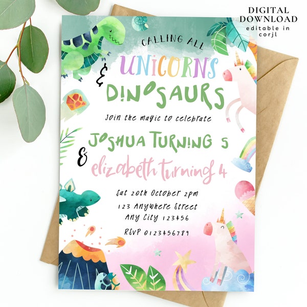 Unicorn birthday invite, Dinosaur birthday invite, Sibling unicorn and dinosaur invite, Joint birthday party invite, Dinosaur & Unicorn,185