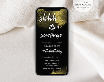 Shhh... it's a surprise e-invite, surprise neon party invite, Text Message Invite, Mobile Phone invite, Gold glitter birthday invite, 160