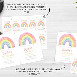 May include: Printable rainbow-themed birthday invitation with the text "Come and celebrate Sophie's 5th Birthday" and details for the event. The invitation features a watercolor rainbow with pink, yellow, and blue colors. The invitation also includes a matching thank you tag with a rainbow and the text "Thanks for making my birthday so bright!"