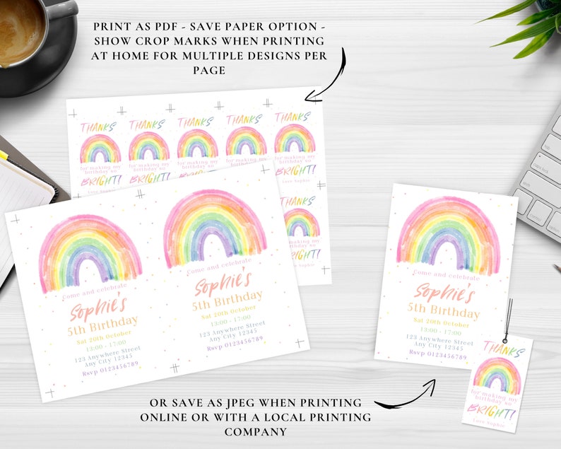 May include: Printable rainbow-themed birthday invitation with the text "Come and celebrate Sophie's 5th Birthday" and details for the event. The invitation features a watercolor rainbow with pink, yellow, and blue colors. The invitation also includes a matching thank you tag with a rainbow and the text "Thanks for making my birthday so bright!"