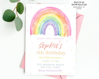 Rainbow birthday invite, Magical Girl invite, Pastel Rainbow invite, Boho Rainbow Birthday Invite, Watercolor rainbow instant download, 182