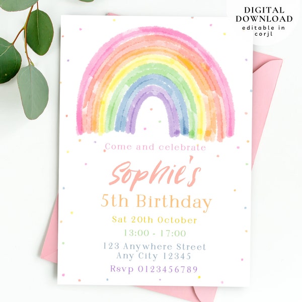 Rainbow birthday invite, Magical Girl invite, Pastel Rainbow invite, Boho Rainbow Birthday Invite, Watercolor rainbow instant download, 182