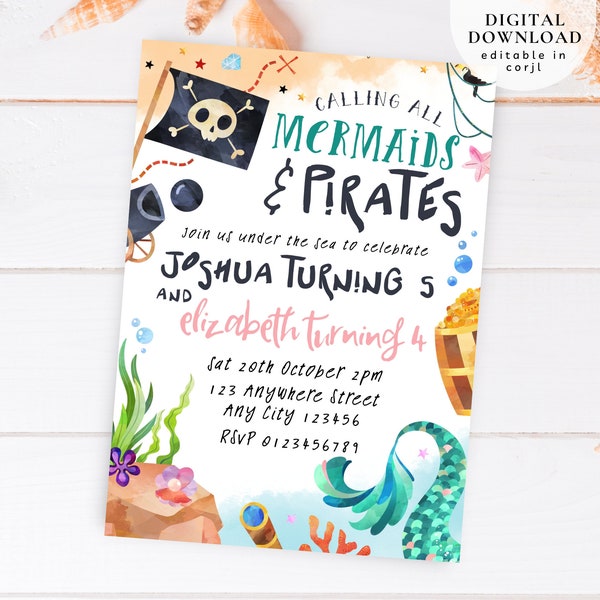 Mermaid And Pirate Birthday Invitation, Sibling Mermaid & Pirate Invite, Sibling Mermaid Pirate Party, Ahoy Matey Invite, Mermaid Invite,179