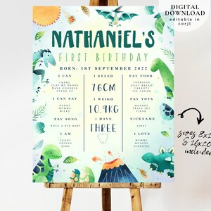Dinosaur milestone birthday sign, baby&#39;s first year poster template, 1st birthday baby milestone board, Dinosaur 1st Birthday Sign, 199