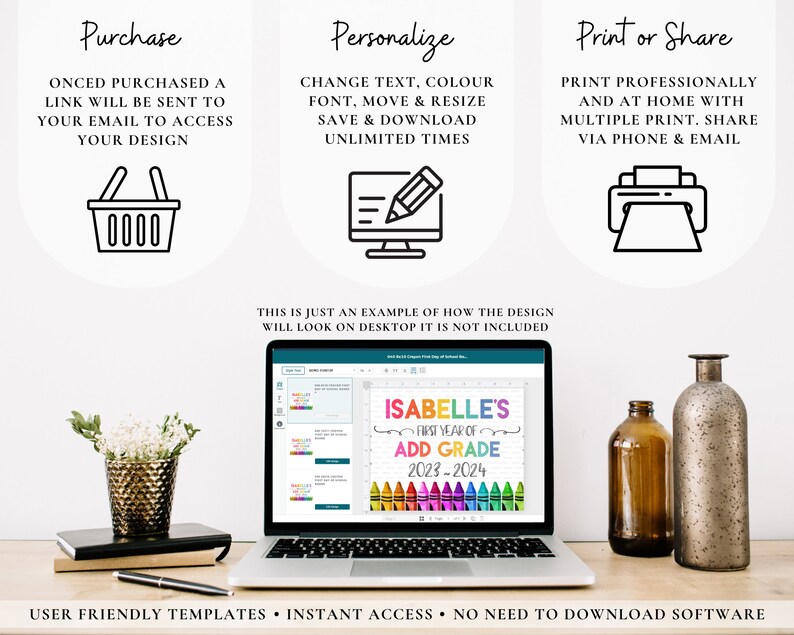 May include: A laptop screen displaying a digital design template for a first day of school sign. The sign is colorful and features the text "Isabelle's First Year of Add Grade 2023-2024". The design is surrounded by colorful crayons.