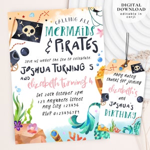 Invitación de cumpleaños de sirena y pirata, invitación de sirena y pirata entre hermanos, fiesta pirata de sirena entre hermanos, invitación Ahoy Matey, invitación de sirena, 179