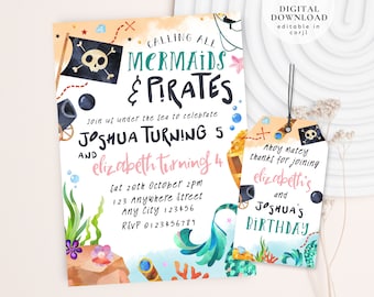 Mermaid And Pirate Birthday Invitation, Sibling Mermaid & Pirate Invite, Sibling Mermaid Pirate Party, Ahoy Matey Invite, Mermaid Invite,179