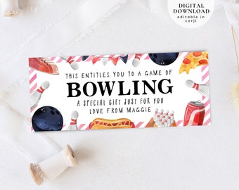 Vale de regalo para bolos, vale de regalo de cumpleaños editable, vale para una cita nocturna, fiesta de bolos para niños, invitación a bolos, vale de regalo de Navidad, 060