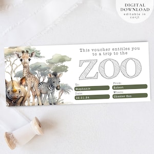 Entradas para el zoológico para imprimir, cupones editables para safari, cupones de regalo para cumpleaños, cupones para entradas para viajes al zoológico, cupones de regalo para el zoológico, tarjetas de regalo para el zoológico, 214