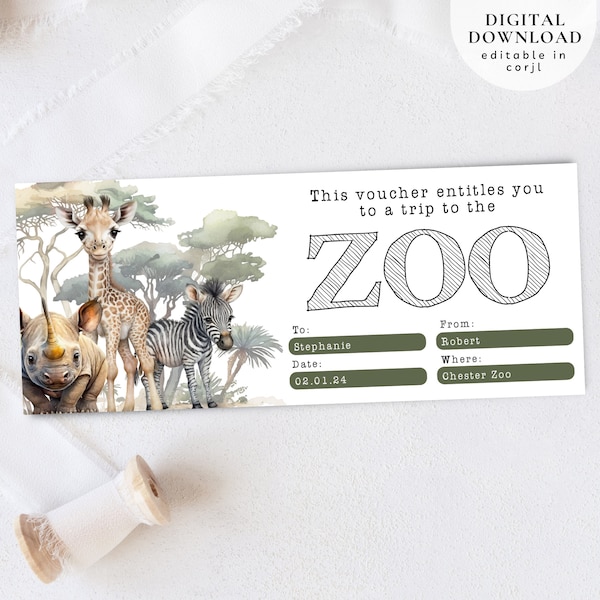 Zoo druckbare Tickets, bearbeitbare Safari-Gutscheine, Geburtstagsgeschenkgutschein, Zoo-Reiseticket-Gutschein, Zoo-Geschenkgutschein, Zoo-Geschenkkarte, 214