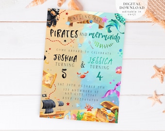 Mermaid And Pirate Birthday Invitation, Sibling Mermaid & Pirate Invite, Sibling Mermaid Pirate Party, Ahoy Matey Invite, Mermaid Invite,178